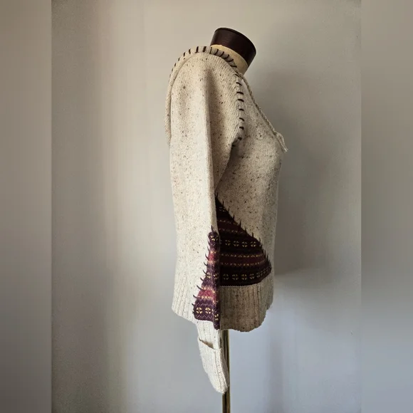 POWDER ROOM Knit Cream and Brown Patchwork Stitch Hooded Sweater. Size Large - Picture 5 of 11
